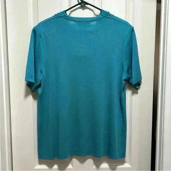 Exclusively Misook Blue Cowl Neck Short Sleeve Top Shirt Shoulder Pads Sz XL - Picture 2 of 10